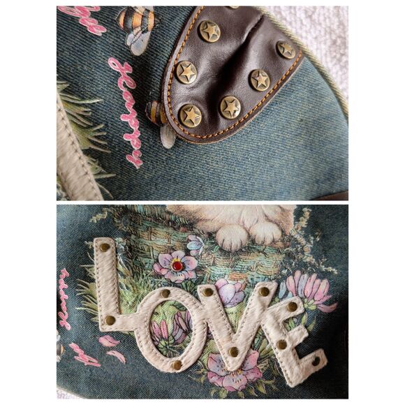 Far Nine Denim Cat Purse Tote Bag Floral Bee “LOVE” Studded Zipper - Picture 10 of 10